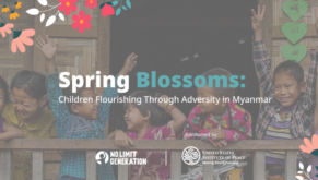 Banner image of burmese kids smiling and have hands up with title of project